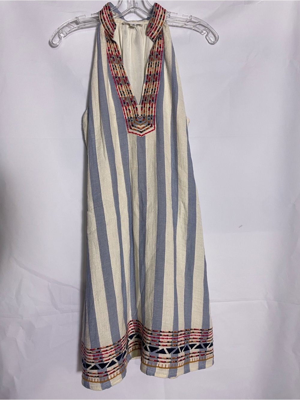 THML Cream & Blue Striped Embroidered Halter Mini Dress